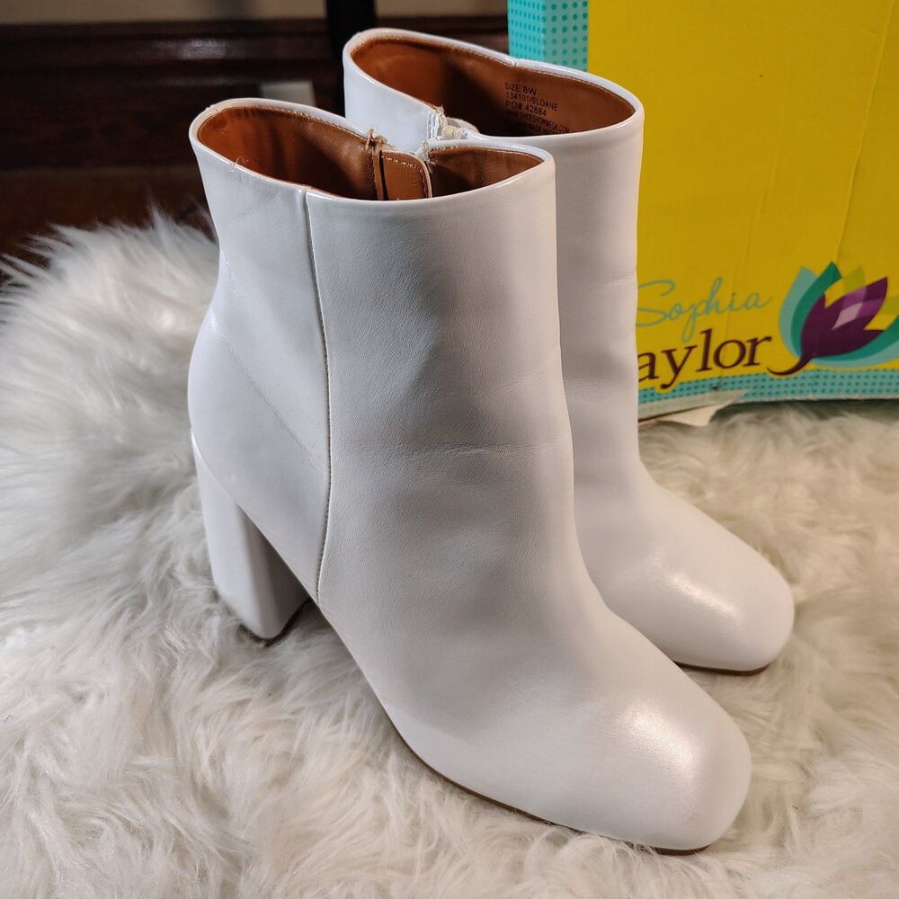 White Chunky Block Heeled Ankle Boots Wmns Size 8 Sophia Taylor